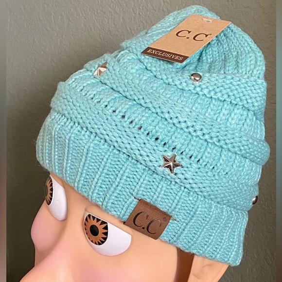 New Adult Size CC Winter Mint Green Preppy Cable Knit Hat Beanie w/ Stars & Dots - Picture 3 of 6